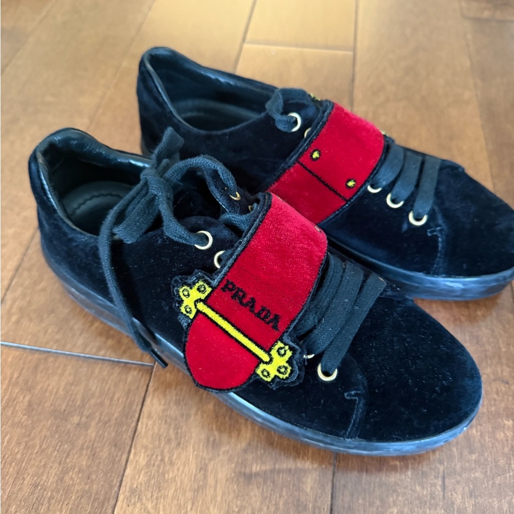 Prada Velvet Black and Red Sneakers